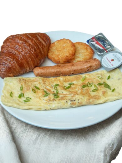 Bacon Omlette, Hash Brown & Sausage with Croissant