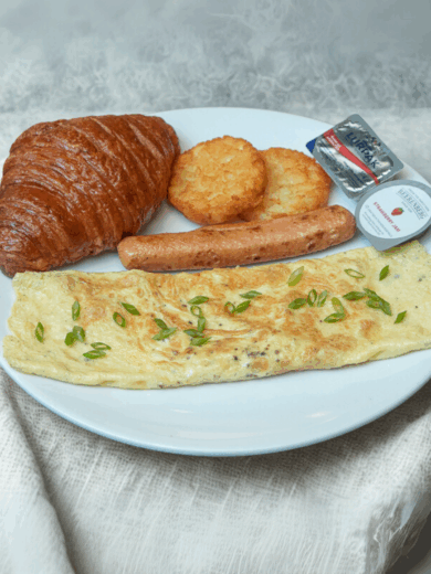 Bacon Omlette, Hash Brown & Sausage with Croissant